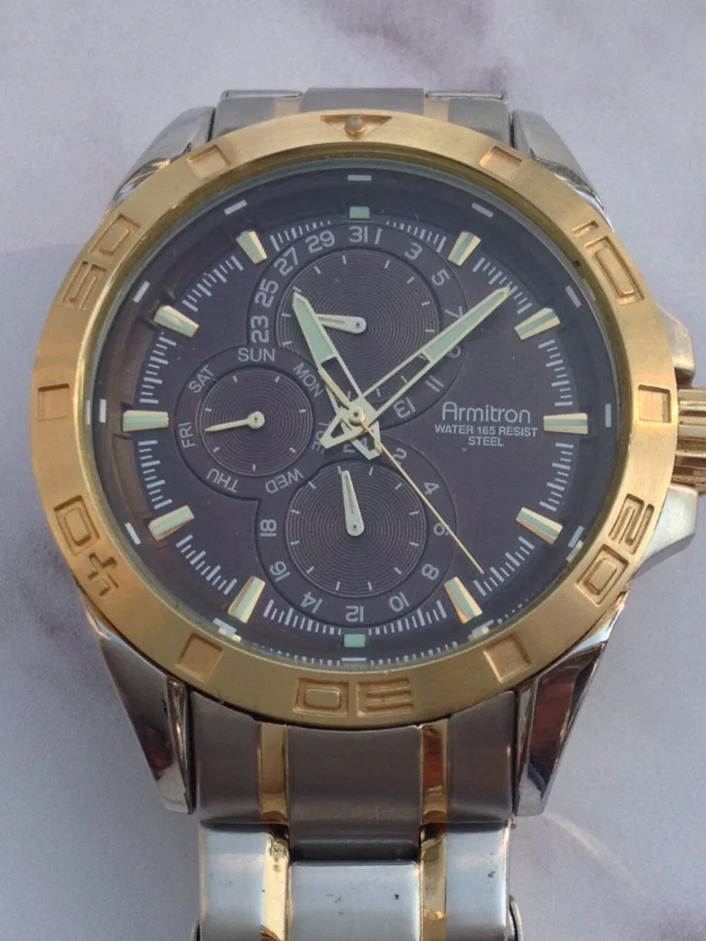 Armitron Chronograph 6P27 Brown Face, Gold Silver Wristwatch For Man or Woman